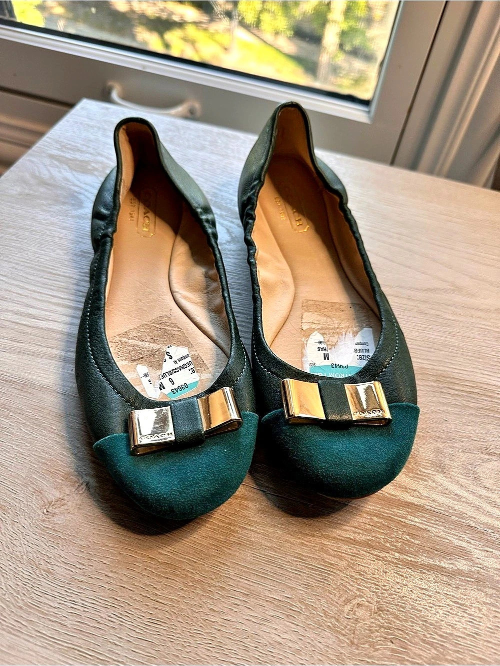 Coach Green Leather Suede Bow Ballet Flats Gold Hardware Size 6B